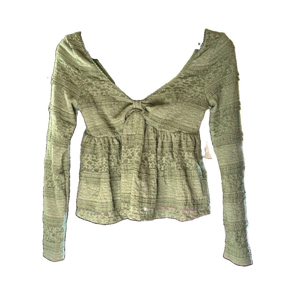francesca's Sage Green Smocked Square Neck Knit Long Sleeve Cropped Top S